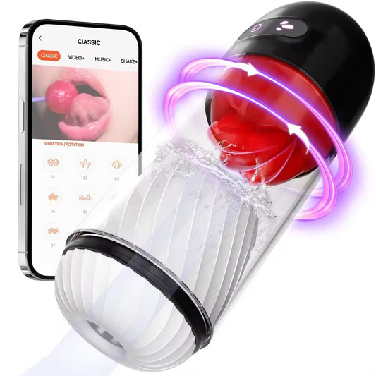 Male masturbator with remote APP control, featuring 9 vibrating modes and 360° tongue licking for intense stimulation and penis training