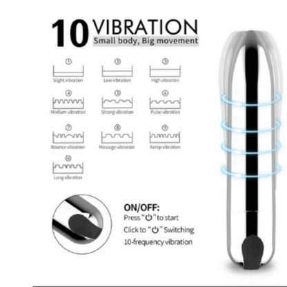 Rechargeable bullet vibrator with 10-speed settings, ergonomic and waterproof design